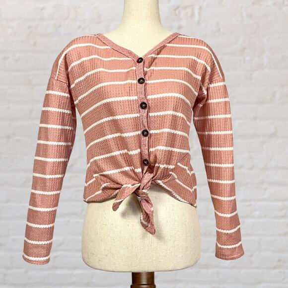 Tilly’s White Fawn Pink Waffle Knit Cropped Cardigan Junior L Tie Front - Picture 3 of 10